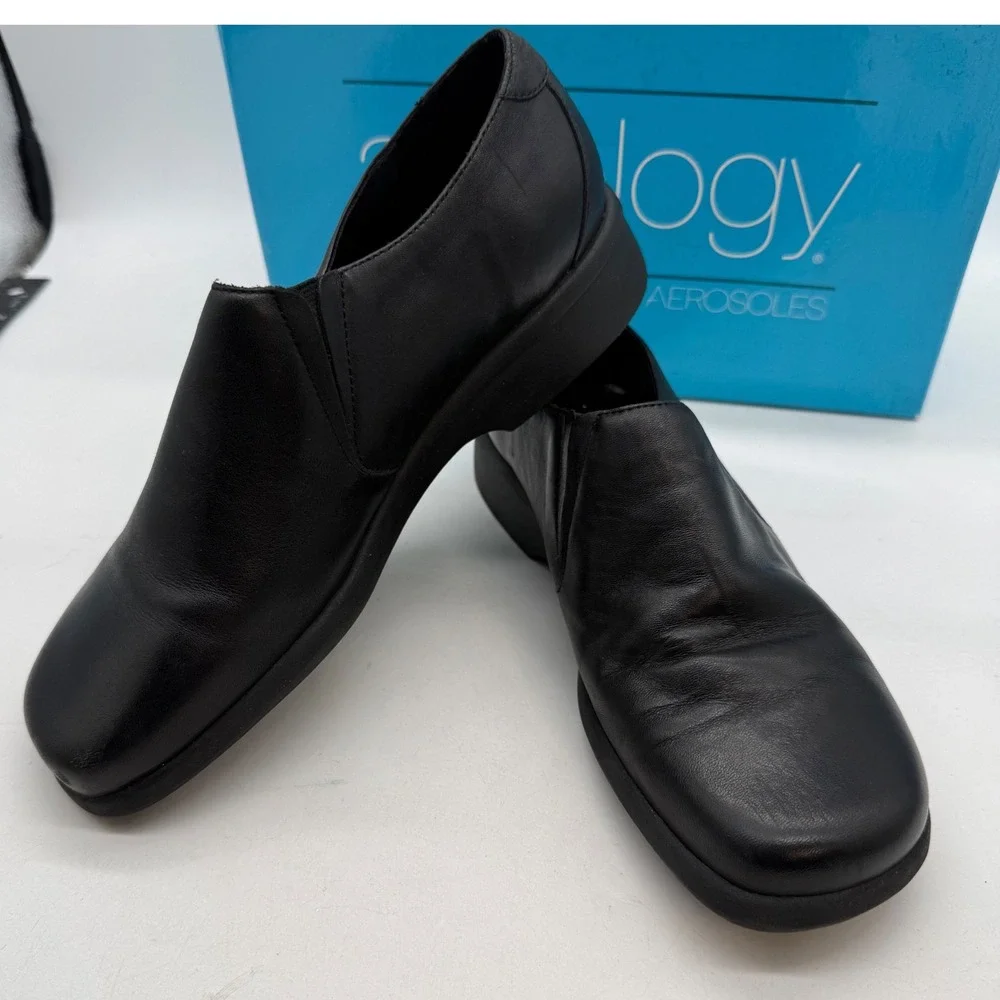 Aerology Aerosoles‎ Easy Time Black Leather Square Toe Loafers Womens 7.5M